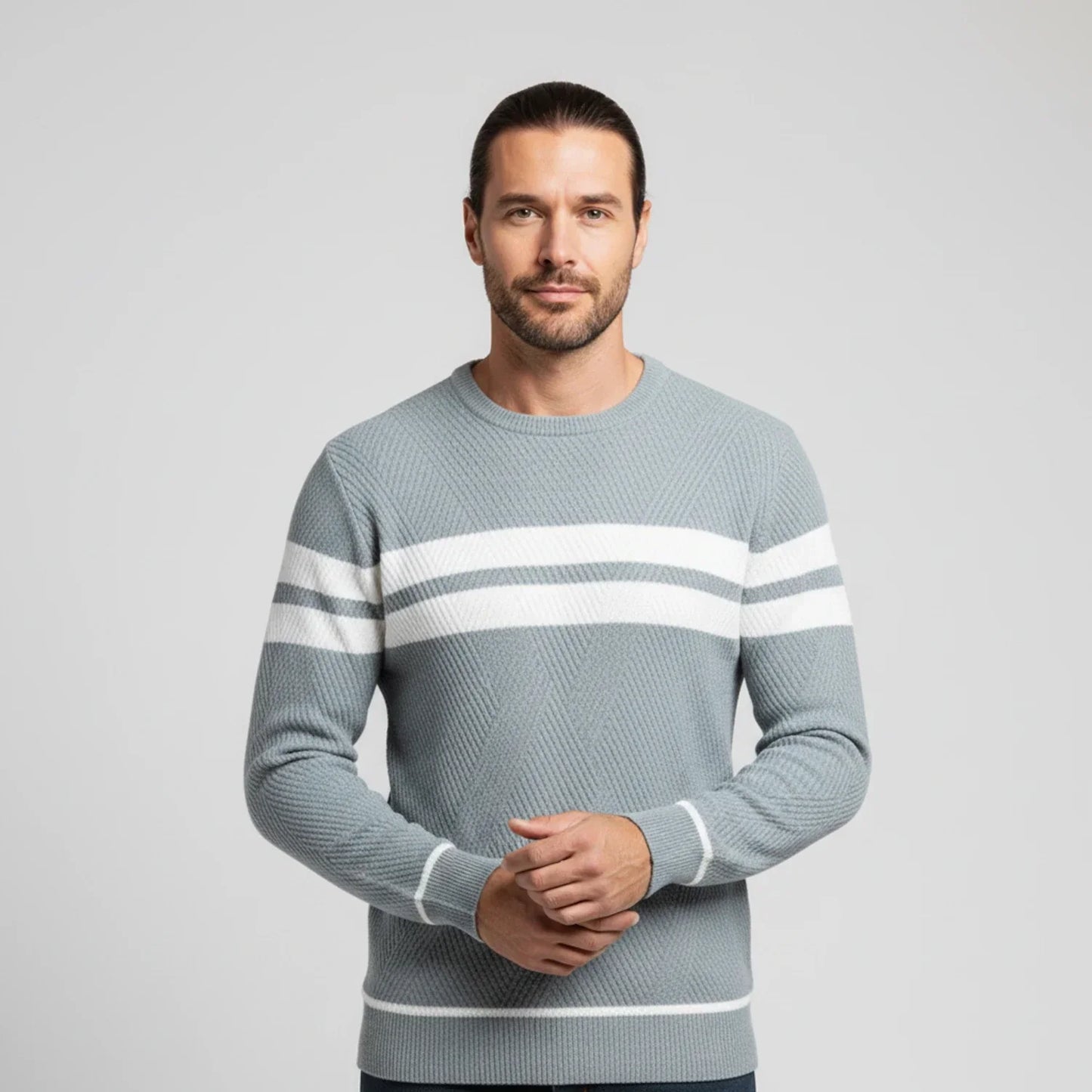 Men's Olive Green Striped Knit Sweater With White Band Detailing Crew Neck Soft Classic Fit