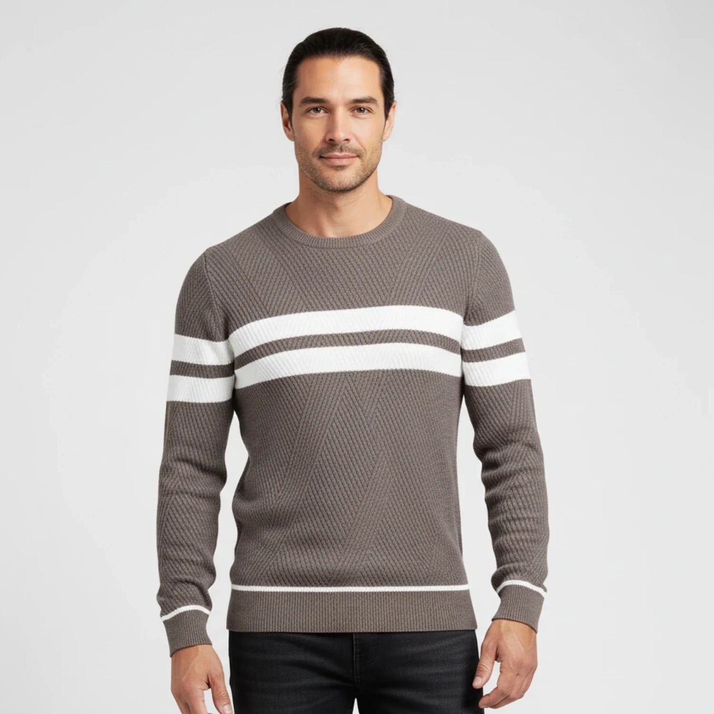 Men's Olive Green Striped Knit Sweater With White Band Detailing Crew Neck Soft Classic Fit