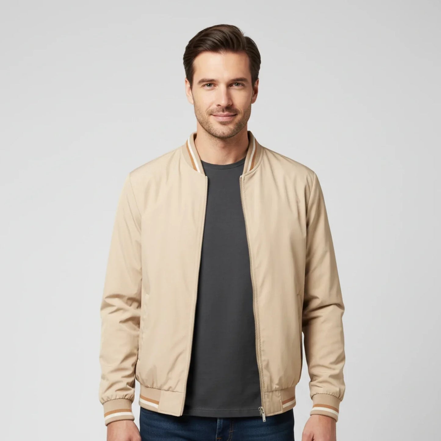 TrendAura Men's Classic Zip Up Bomber Jacket With Stand Collar And Ribbed Trim For Lightweight Layering