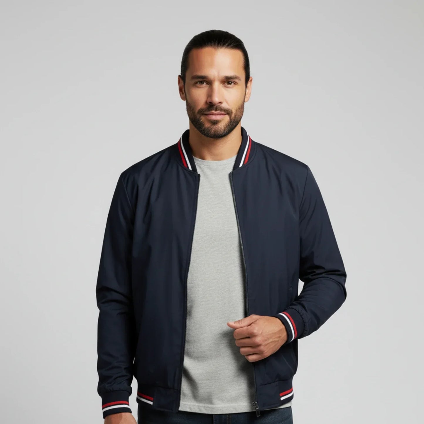 TrendAura Men's Classic Zip Up Bomber Jacket With Stand Collar And Ribbed Trim For Lightweight Layering