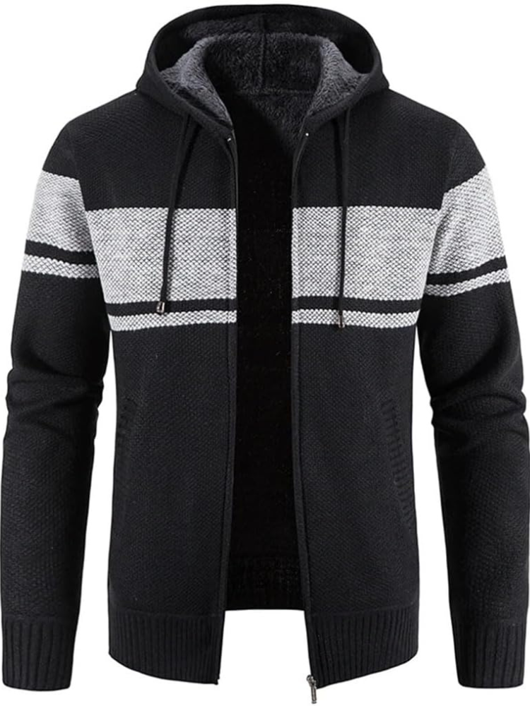Max Men's Warm Hooded Zip Front Cardigan with Fleece Lining Knitwear for Winter Comfort