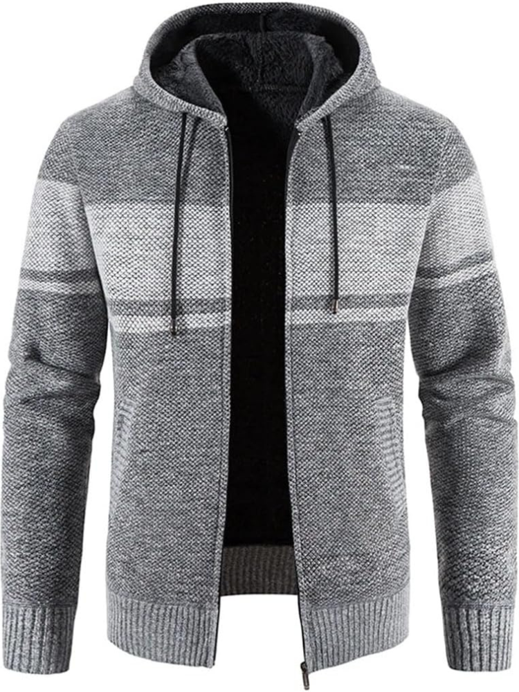 Max Men's Warm Hooded Zip Front Cardigan with Fleece Lining Knitwear for Winter Comfort