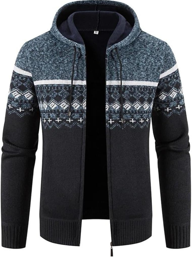 Max Men's Warm Hooded Zip Front Cardigan with Fleece Lining Knitwear for Winter Comfort