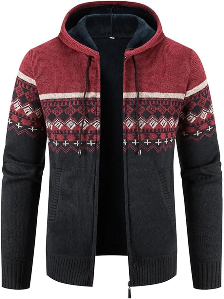 Max Men's Warm Hooded Zip Front Cardigan with Fleece Lining Knitwear for Winter Comfort