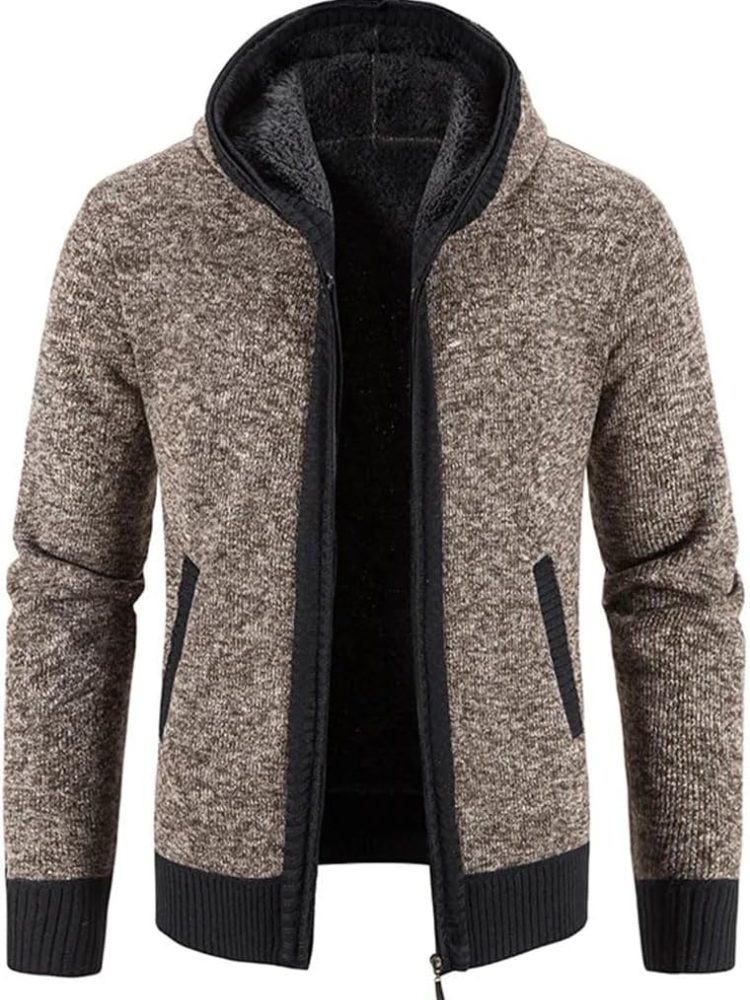 Max Men's Warm Hooded Zip Front Cardigan with Fleece Lining Knitwear for Winter Comfort