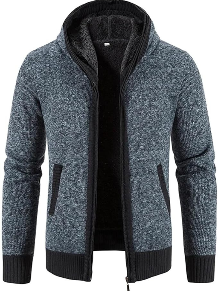 Max Men's Warm Hooded Zip Front Cardigan with Fleece Lining Knitwear for Winter Comfort