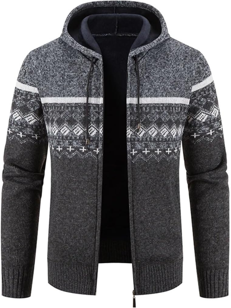 Max Men's Warm Hooded Zip Front Cardigan with Fleece Lining Knitwear for Winter Comfort