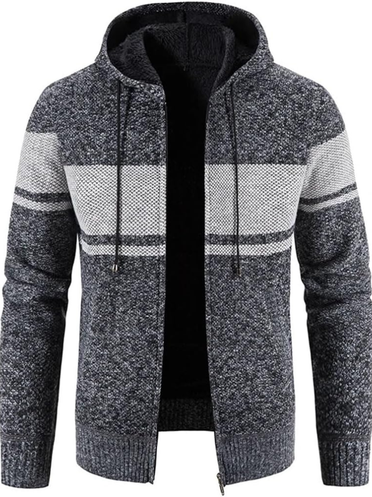 Max Men's Warm Hooded Zip Front Cardigan with Fleece Lining Knitwear for Winter Comfort