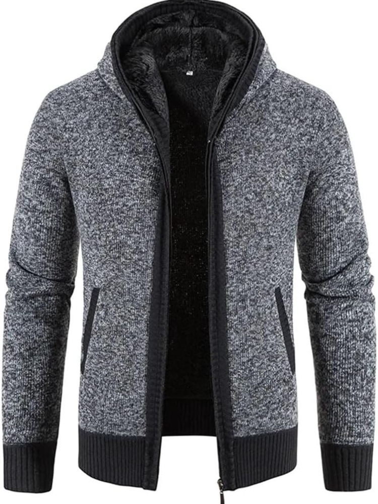 Max Men's Warm Hooded Zip Front Cardigan with Fleece Lining Knitwear for Winter Comfort