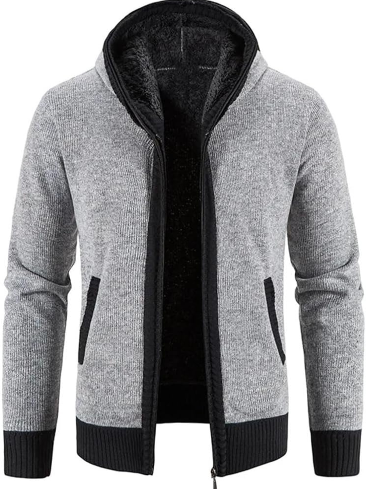 Max Men's Warm Hooded Zip Front Cardigan with Fleece Lining Knitwear for Winter Comfort