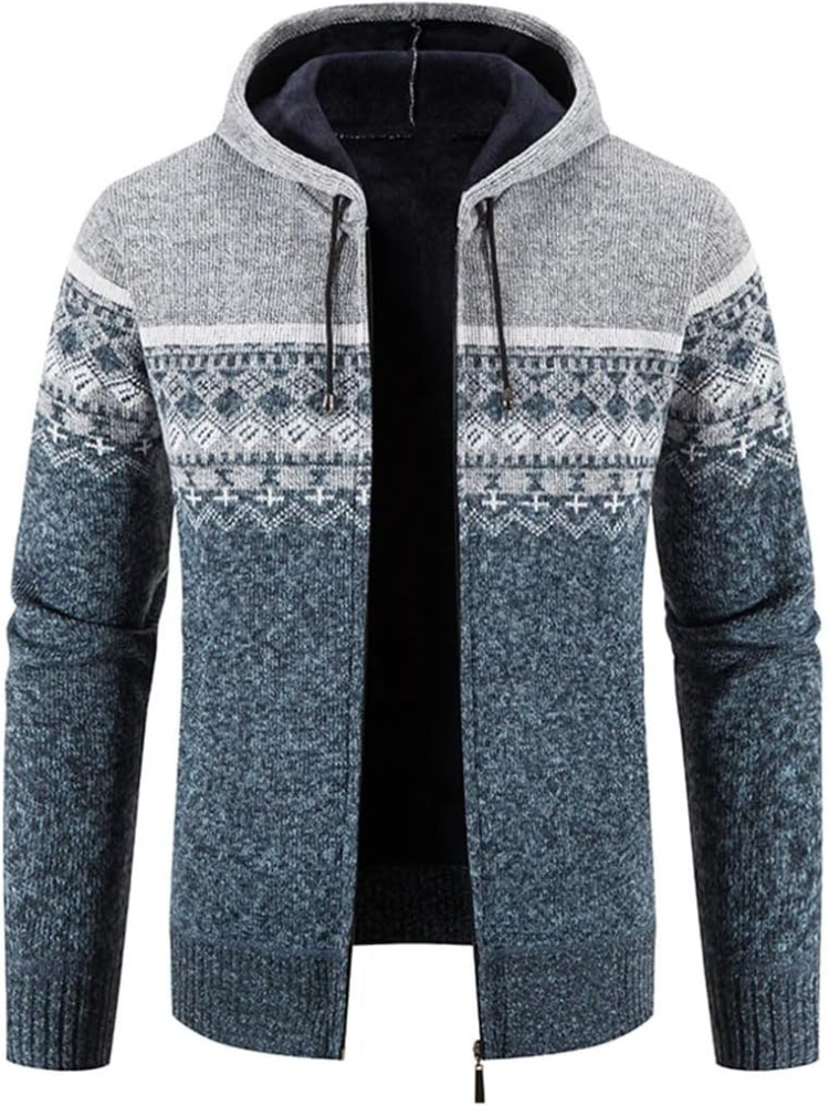 Max Men's Warm Hooded Zip Front Cardigan with Fleece Lining Knitwear for Winter Comfort