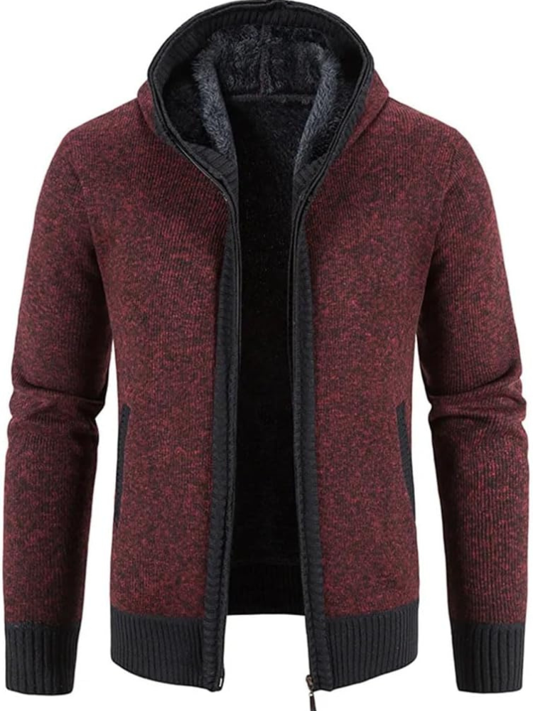 Max Men's Warm Hooded Zip Front Cardigan with Fleece Lining Knitwear for Winter Comfort