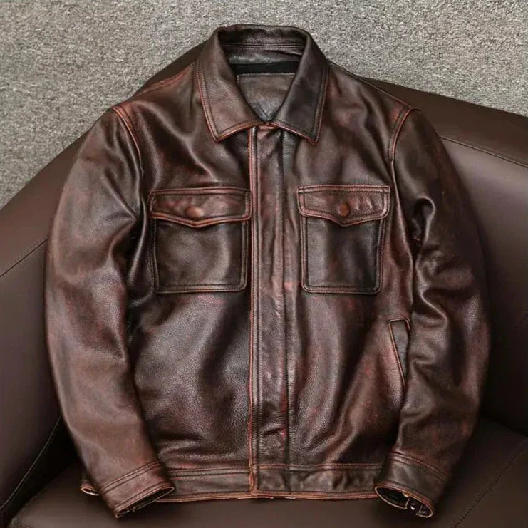 TrendAura Vintage Outlaw Genuine Leather Jacket With Patina Breathable Cotton Lining And Hidden Zipper
