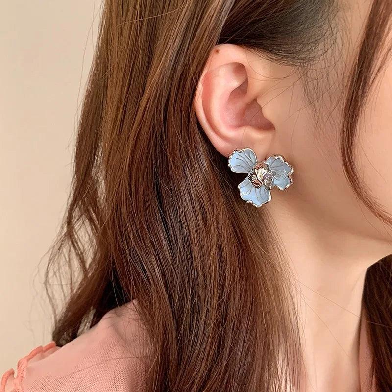 Mirror | Stylish Flower Enamel Stud Earrings in Soft Blue - TrendAura