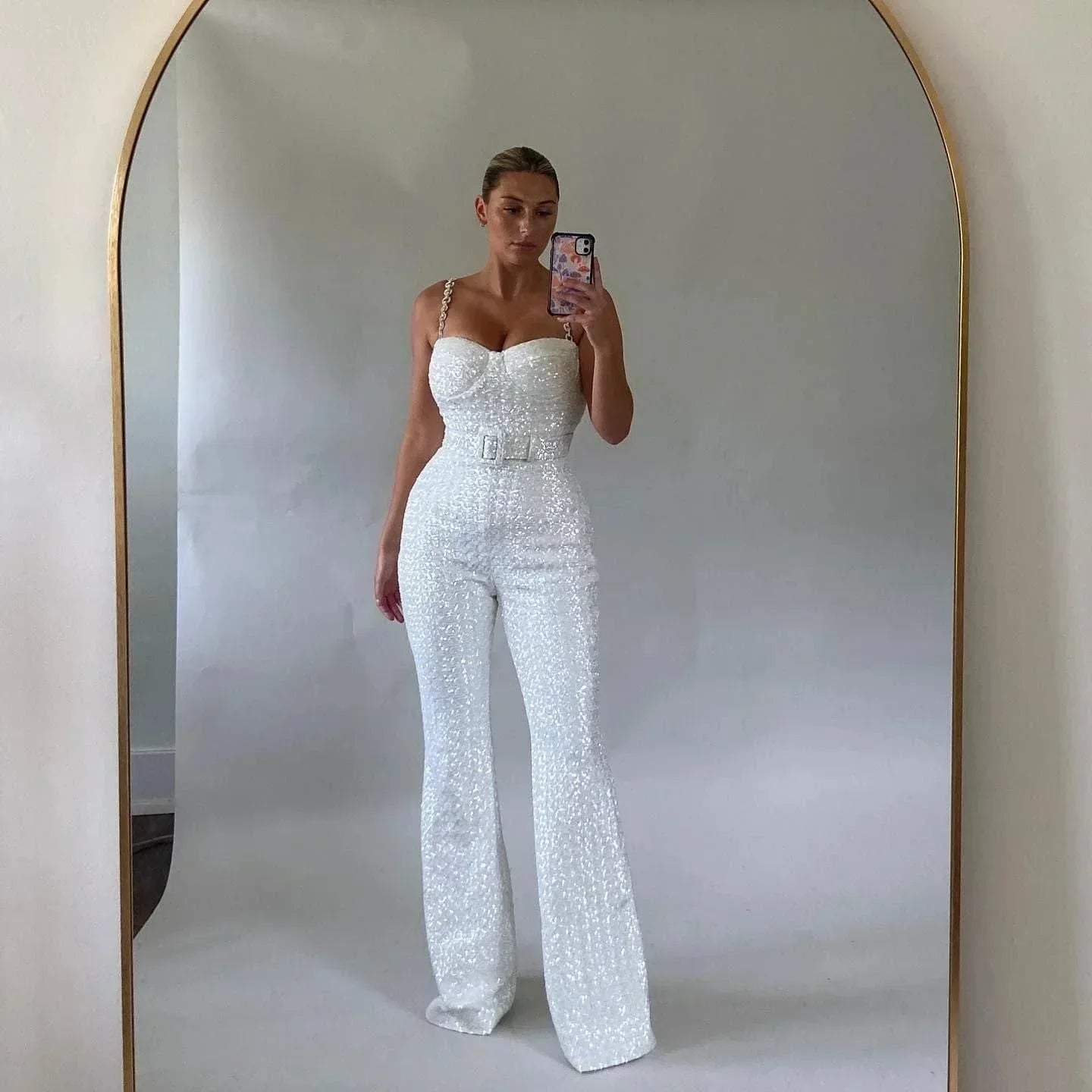 Jenna Glitter Jumpsuit With Waist Belt Set For Women Shimmering Fabric And Tailored Fit