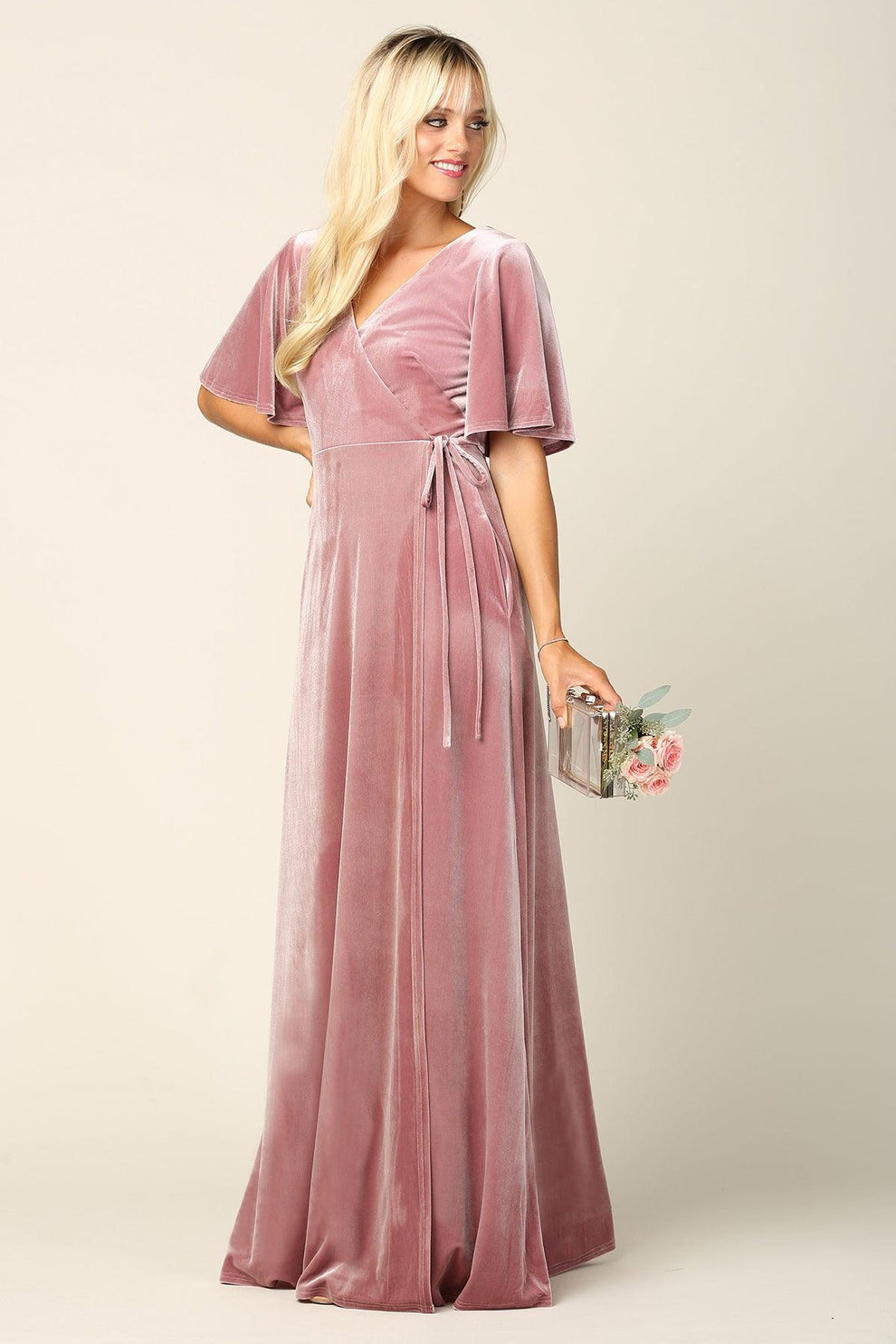 Mother of the Bride Long Flutter Sleeve Velvet Gown Sale - TrendAura