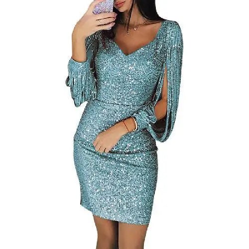 Women's Party Dress - Sequin Fabric - Bodycon Fit - V-Neck - Long Draped Sleeves
