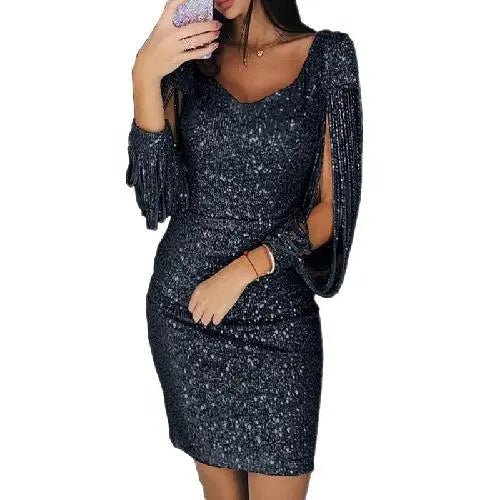 Women's Party Dress - Sequin Fabric - Bodycon Fit - V-Neck - Long Draped Sleeves