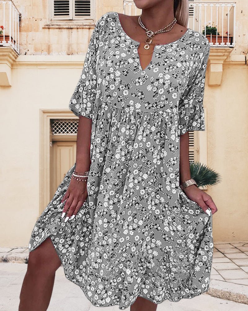 Women's Dress – Light and Breathable – Loose Fit – Knee-Length – V-Neck with Ruffle Sleeves