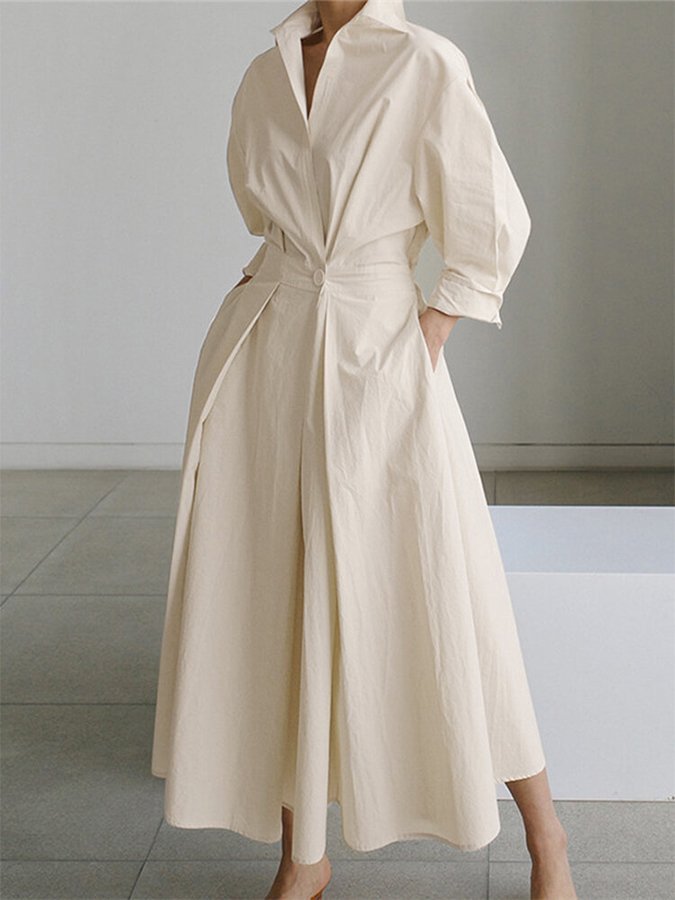 Women's Dress - Long-Sleeved Midi - Tailored Fit - Split Skirt with Collar and Buttons