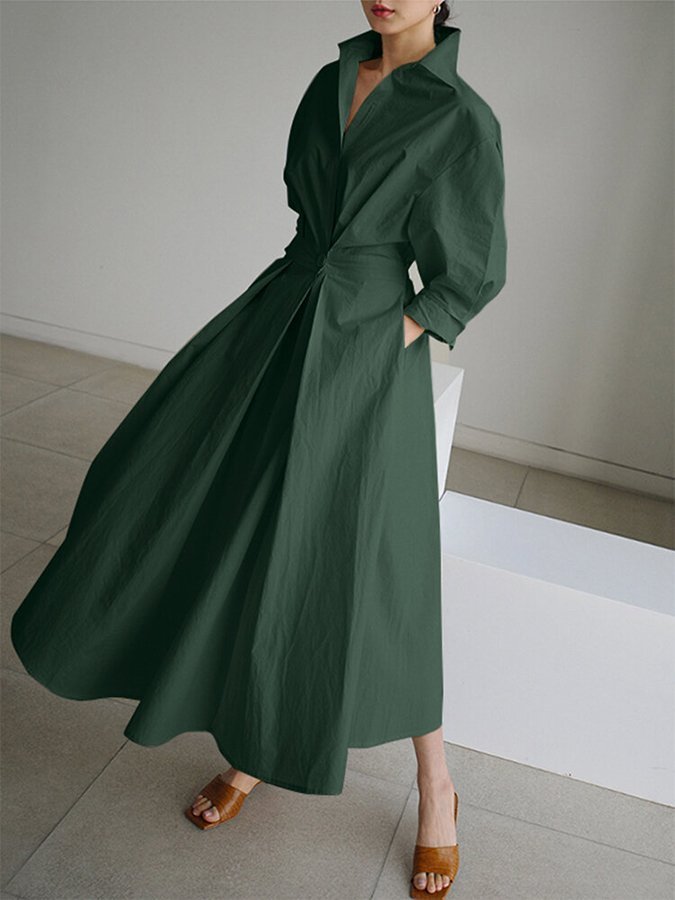 Women's Dress - Long-Sleeved Midi - Tailored Fit - Split Skirt with Collar and Buttons