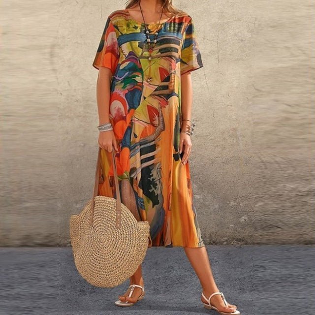 Women's Dress – Loose Fit – Short Sleeve – Lightweight – Casual Design – Slip-On