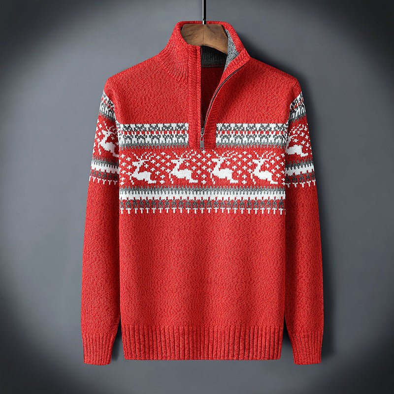 Men's Knit Sweater With Half Zip Wool Blend Nordic Pattern And Ribbed Edges For Cozy Winter Style
