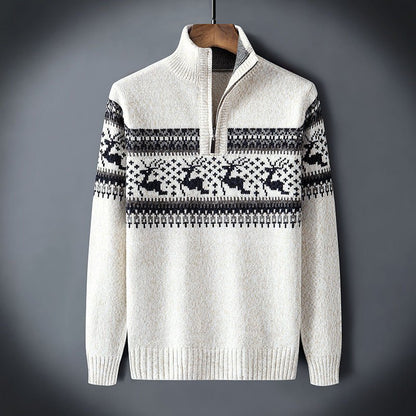 Men's Knit Sweater With Half Zip Wool Blend Nordic Pattern And Ribbed Edges For Cozy Winter Style