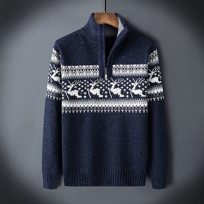 Men's Knit Sweater With Half Zip Wool Blend Nordic Pattern And Ribbed Edges For Cozy Winter Style