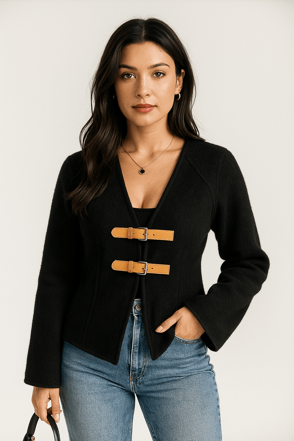 Women’s Blazer – Tailored Fit – Wool-Like Texture – V-Neck – Buckle Closure