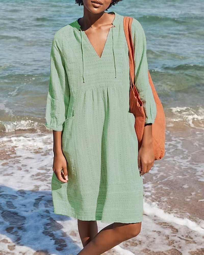 Women's Beach Dress – Loose Fit – V-neck with Lacing – 3/4 Sleeves – Lightweight Fabric