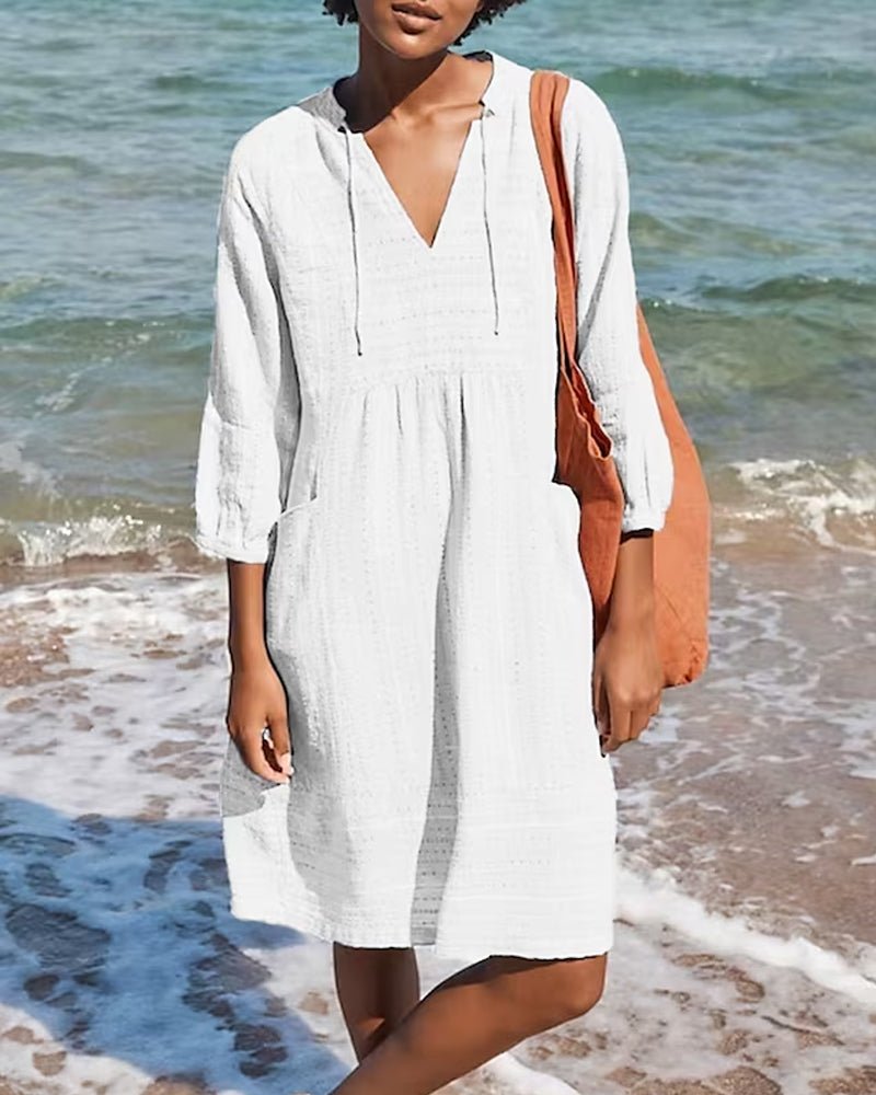Women's Beach Dress – Loose Fit – V-neck with Lacing – 3/4 Sleeves – Lightweight Fabric