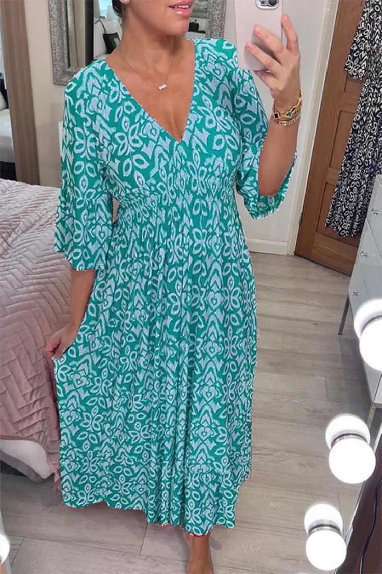 Women's Maxi Dress – V-Neck – 3/4 Sleeves – Loose Fit – Light and Breathable