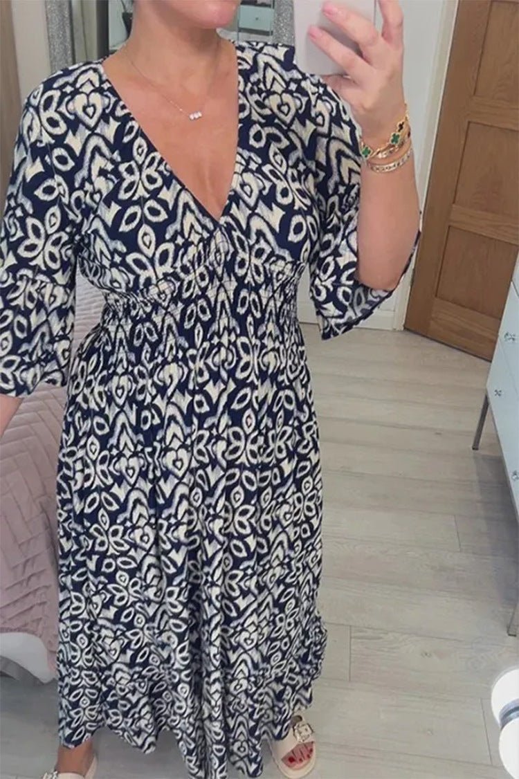 Women's Maxi Dress – V-Neck – 3/4 Sleeves – Loose Fit – Light and Breathable