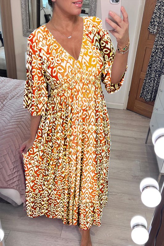 Women's Maxi Dress – V-Neck – 3/4 Sleeves – Loose Fit – Light and Breathable