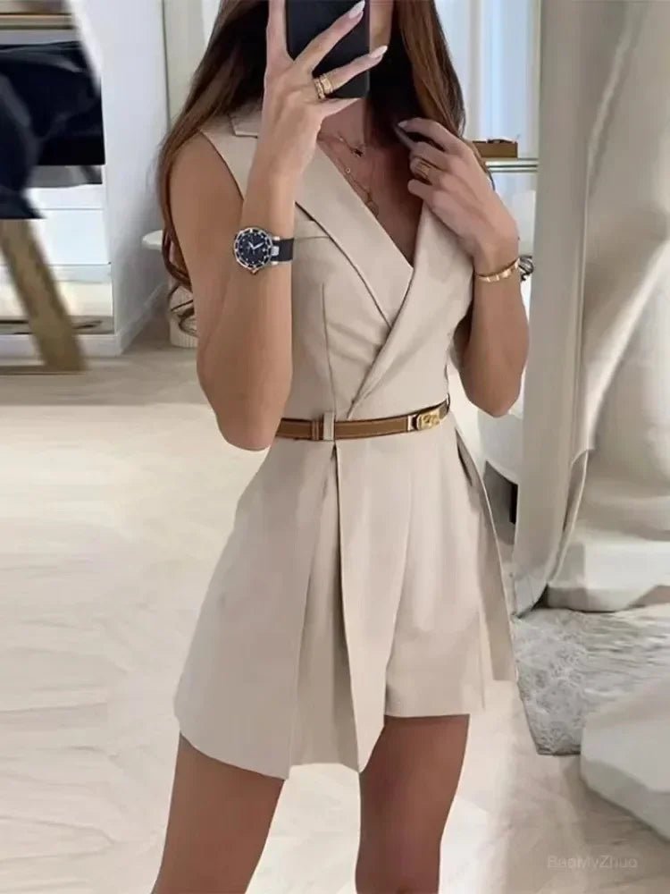 Women's Playsuit – Sleeveless – V-Neck – Tailored Fit – Belt – Pleated Shorts
