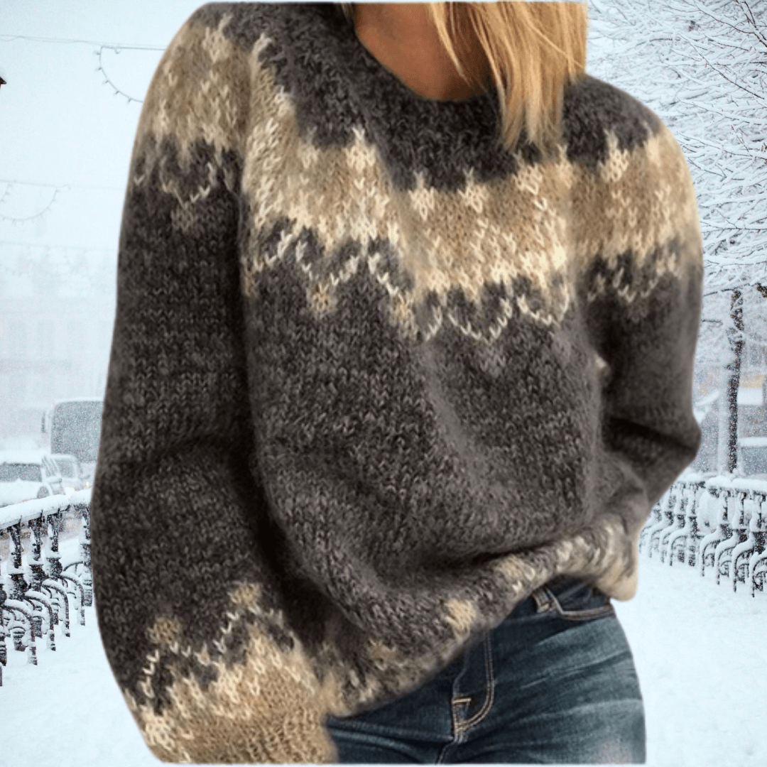 Women's Knit Sweater – Wool Blend – Oversize Fit – Round Neck – Nordic Pattern