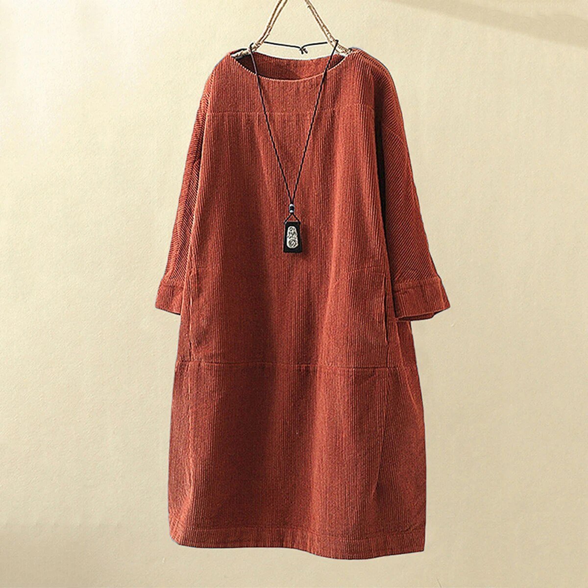 Women's Dress – Corduroy – Loose Fit – Knee-Length – Long Sleeves – Round Neck