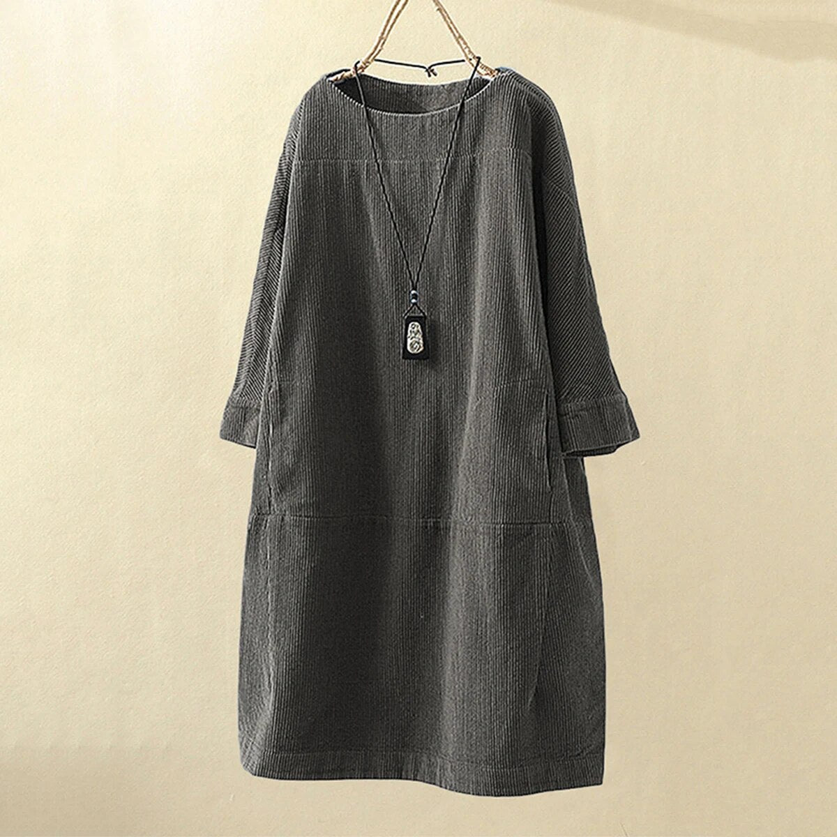 Women's Dress – Corduroy – Loose Fit – Knee-Length – Long Sleeves – Round Neck