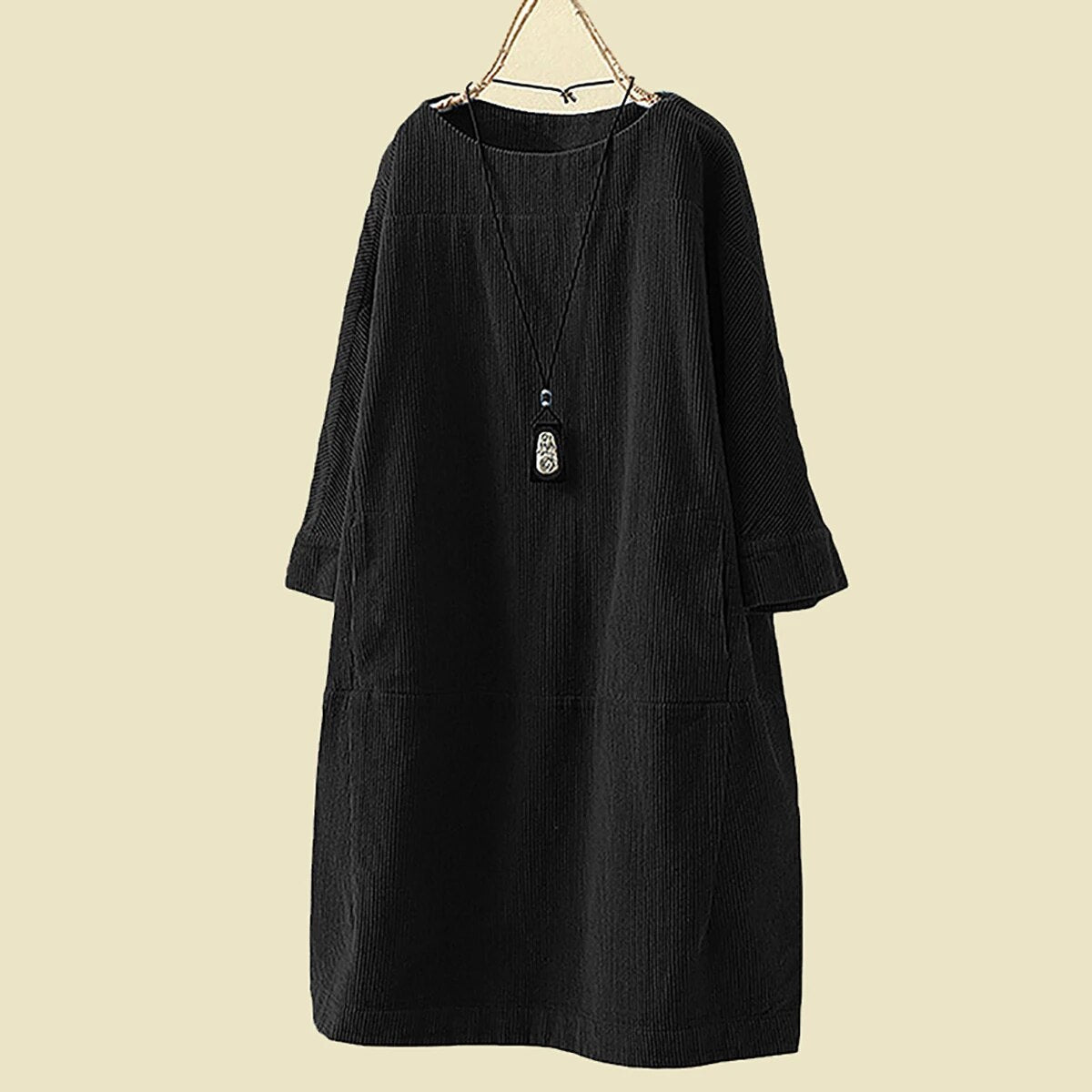 Women's Dress – Corduroy – Loose Fit – Knee-Length – Long Sleeves – Round Neck