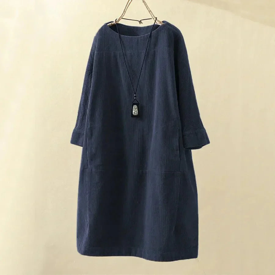 Women's Dress – Corduroy – Loose Fit – Knee-Length – Long Sleeves – Round Neck