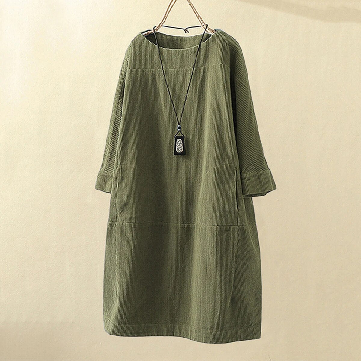 Women's Dress – Corduroy – Loose Fit – Knee-Length – Long Sleeves – Round Neck
