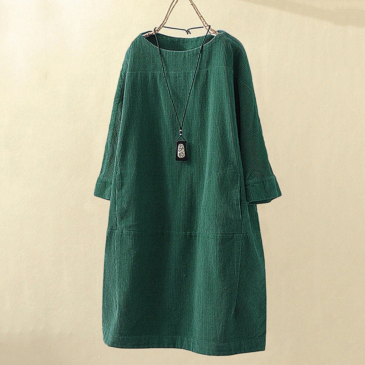 Women's Dress – Corduroy – Loose Fit – Knee-Length – Long Sleeves – Round Neck
