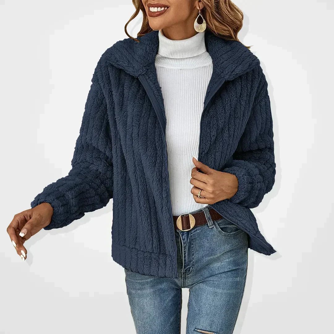 Women’s Plush Jacket – Ribbed Texture – Relaxed Fit – Zip Front – High Collar