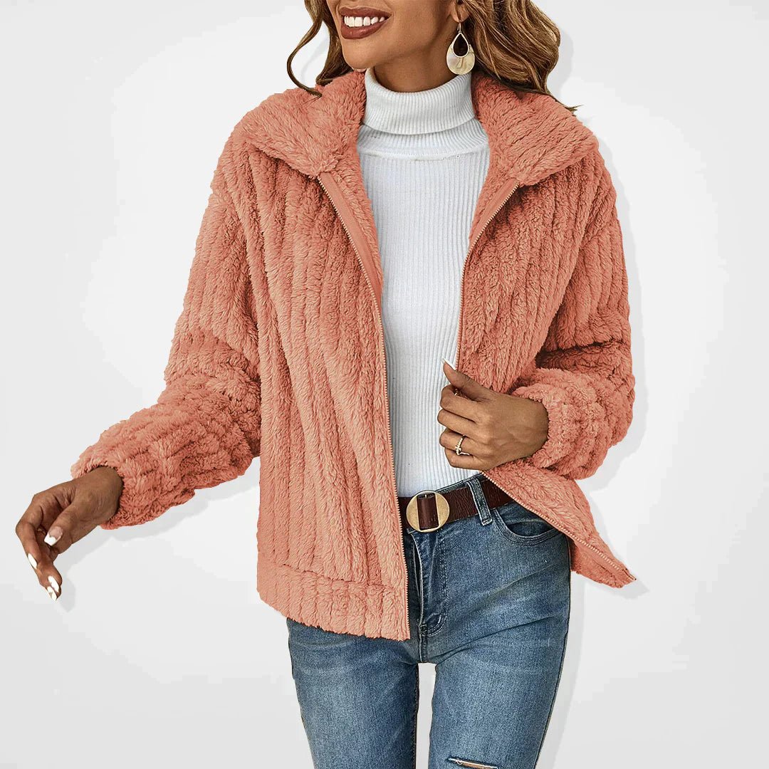 Women’s Plush Jacket – Ribbed Texture – Relaxed Fit – Zip Front – High Collar