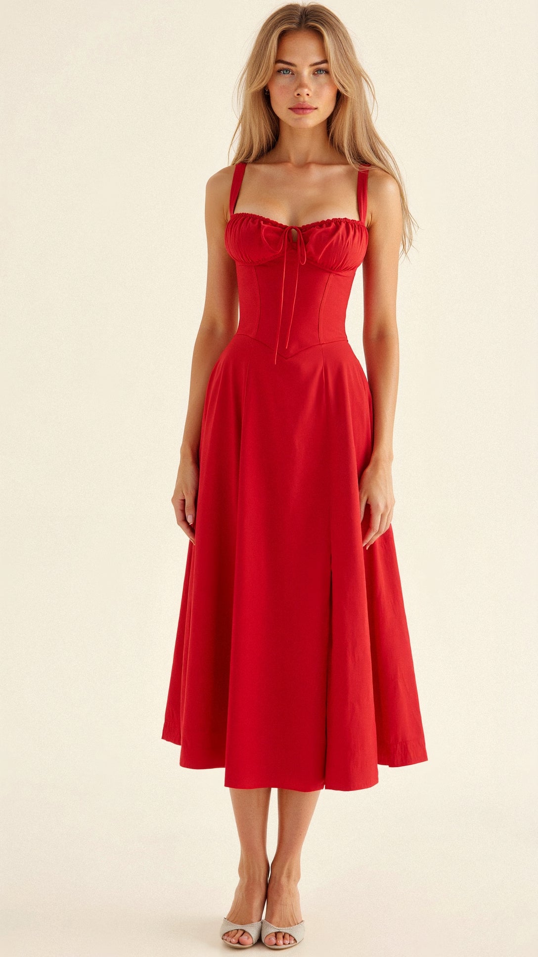 Women's Midi Dress – Floral Print – Sweetheart Neckline – Slit – Fitted Bodice