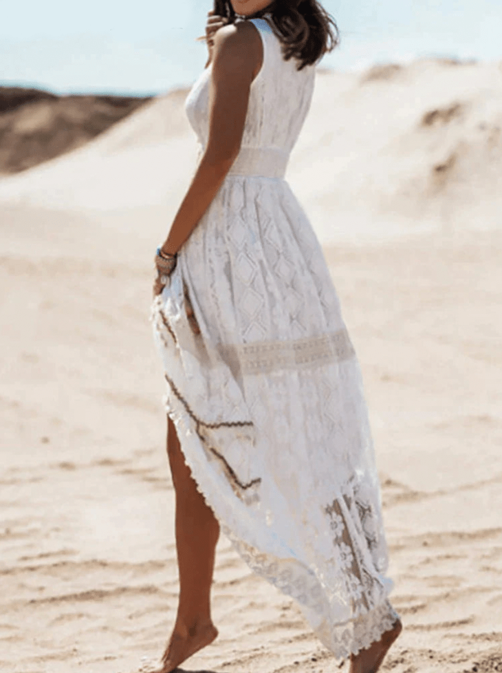 TrendAura Women's Maxi Dress - Bohemian Fit, V-Neck, High Slit, Lace And Embroidery