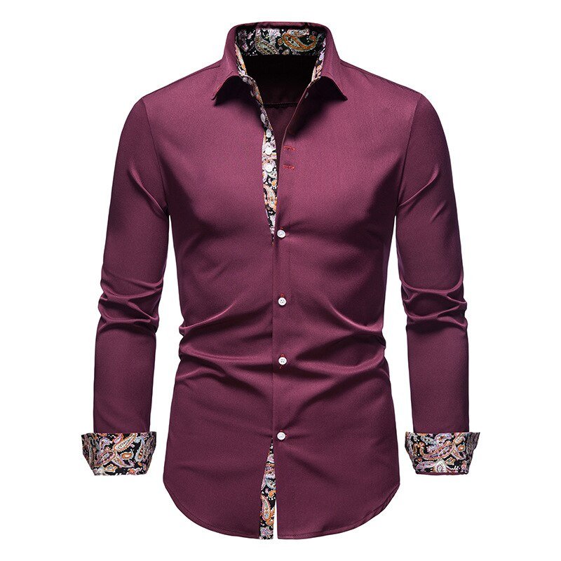 Mens Long Sleeve Slim Fit Dress Shirt With Classic Collar And Contrast Paisley Details Cotton