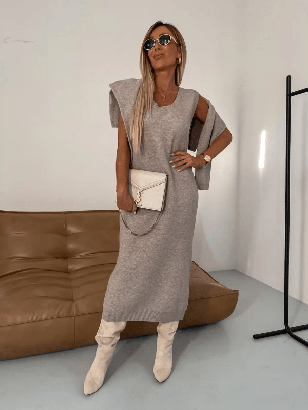 Women's Knit Dress – High Turtleneck – Long Sleeved – Relaxed Fit – Midi Length