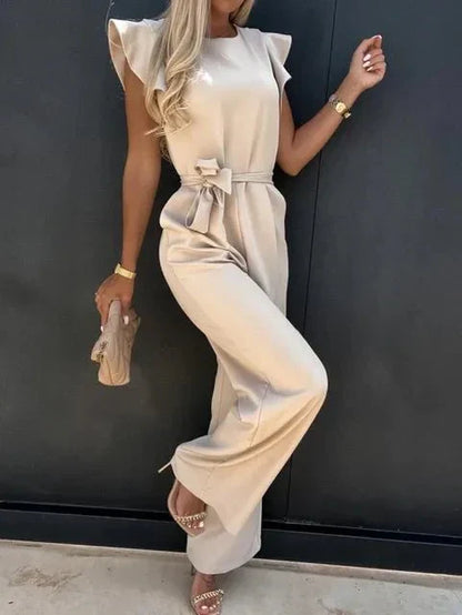 Women's Jumpsuit - Ruched Short Sleeves - Belt at Waist - Wide Legs - Lightweight Comfort